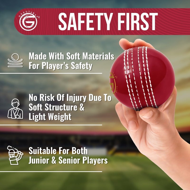 ONEGlobal Soft Rubber Cricket Ball for Practice | Outdoor & Indoor Practice Cricket Ball with Core & Stitched Seam | Realistic Feel, True Bounce & Swing for Practice, Honing Skills & Family Fun - Image 3